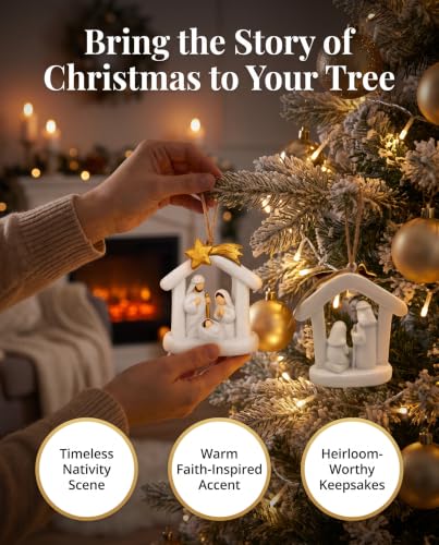 GoGnome Nativity Ornaments 2-Pack – White Arch Stable Holy Family with Gold Star