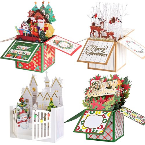 Giiffu 4-Pack Pop Up Christmas Cards with Envelopes & Gift Card Holder