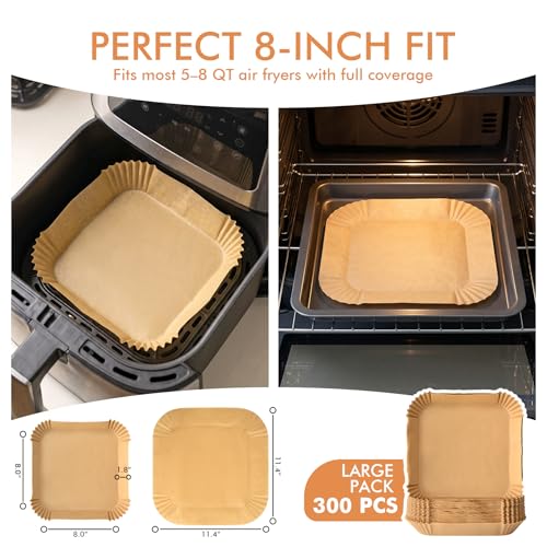 8-Inch Square Air Fryer Parchment Paper Liners, 300-Count Non-Stick Sheets