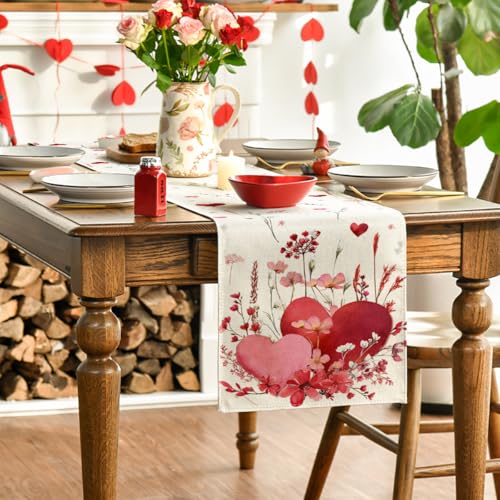 Artoid Mode Love Hearts Valentine's Table Runner 13x60 Inch Home Decor Beige