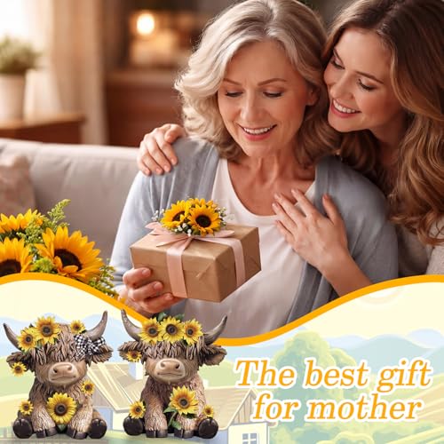 Highland Cow Figurines Set, Sunflower Resin Statue for Farmhouse Decor