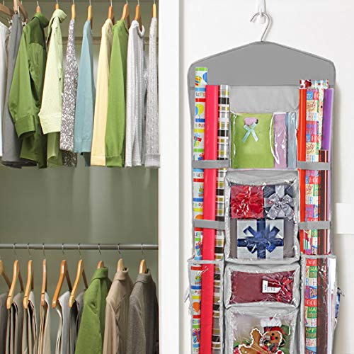 Hanging Double-Sided Gift Wrapping Paper Organizer with Pockets Grey