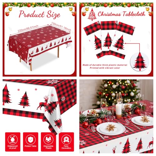 Staraise 3Pcs Red & Black Buffalo Plaid Christmas Tablecloths 51.2x86.6in Disposable Waterproof
