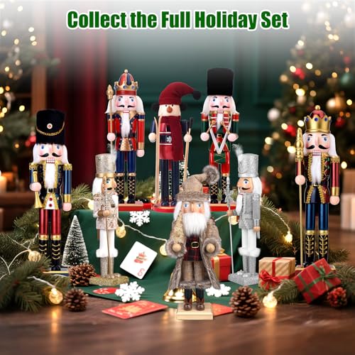 15-Inch Wooden Christmas Soldier Nutcracker Figurine, Silver Holiday Decor