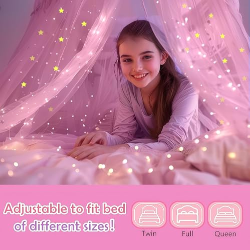 Pink Bed Canopy for Girls with Glow-in-The-Dark Stars, Princess Bed Curtain - Daksha, Pink with Stars