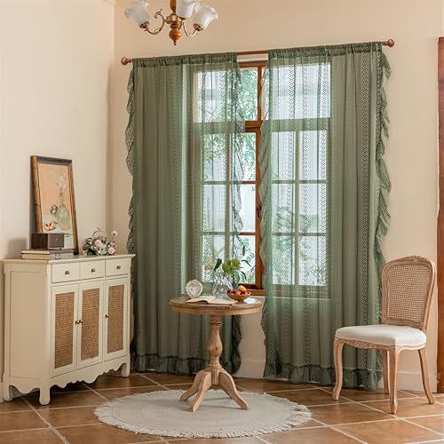 Sutuo Home Boho Lace Curtains 2 Panels 50x96 Olive Green - Vintage French Country Sheer Rod Pocket