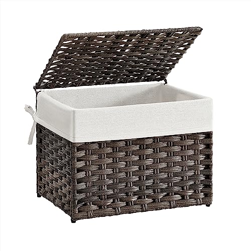SONGMICS Storage Basket with Lid, 9.2 Gallon (35L) Storage Bin, Woven Blanket Storage Basket with Handles, Foldable, Removable Liner, Metal Frame, for Bedroom, Laundry Room, Brown URST040K01