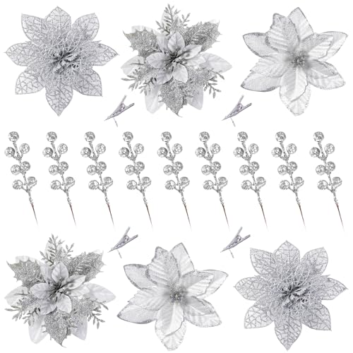 Sggvecsy Silver Christmas Glitter Poinsettia Flowers & Berry Picks, Artificial Holiday Decoration Set