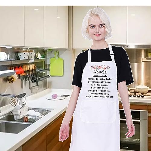 Spanish Grandma Gift Apron with Pockets - Gracias Abuela Kitchen Cooking Apron - White