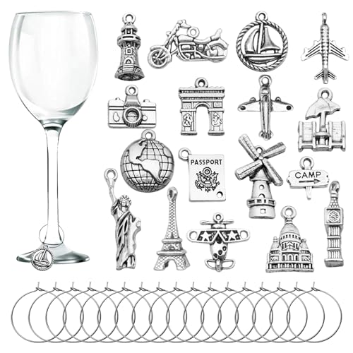 Travel Themed Wine Glass Charms 17 pcs - Party Drink Markers & Decorations