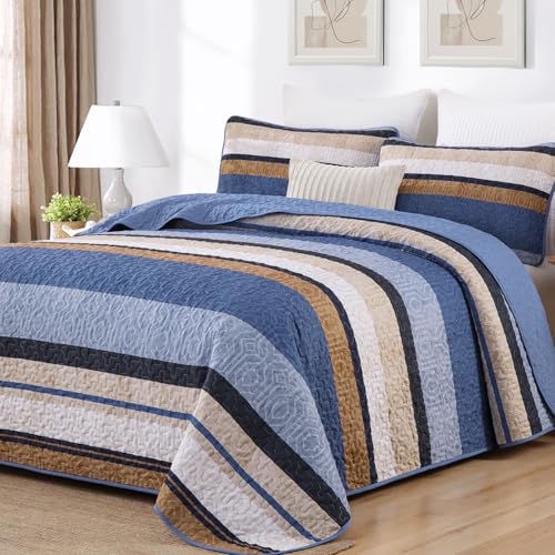 Queen Size Boho Quilt Set with Striped Design - 3-Piece Bedding