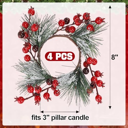 Christmas Candle Rings 4-Pack - Red Berry Wreaths for 3-Inch Pillar Candles