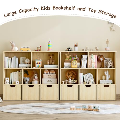 Solid Pine Wood Toy Organizer with 3 Rolling Drawers and 5 Storage Cubes