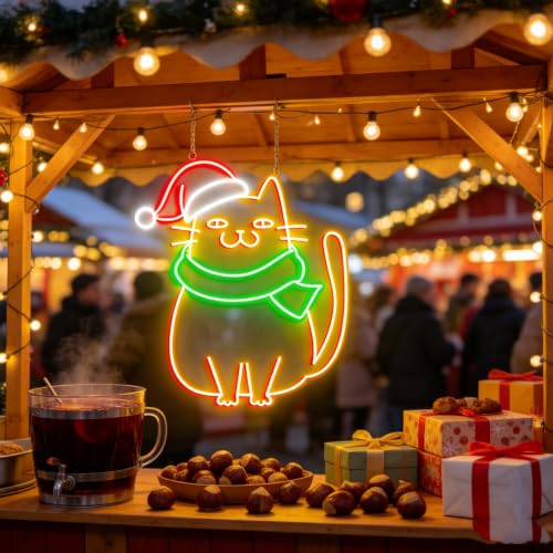 Christmas Cat Neon Sign LED Merry Christmas Neon Lights - USB, Dimmable, 16x13 Inch - HFHungkeong (Color4)
