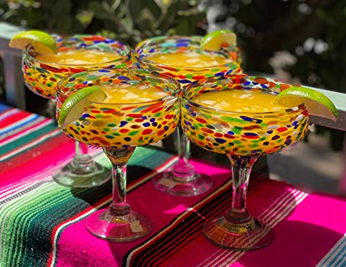 Dos Sueños Mexican Hand Blown Margarita Glasses Set of 4 | 16 oz Authentic Confetti Rock Glassware