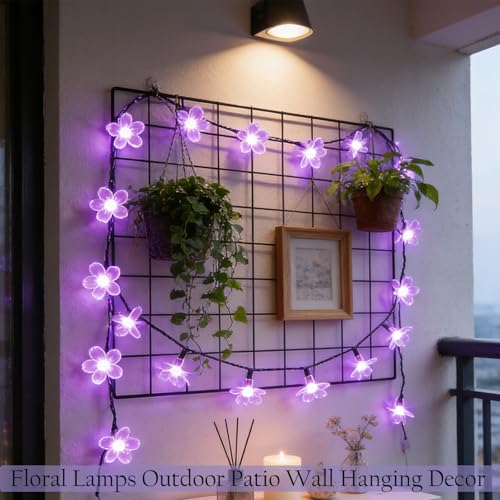 33ft Purple Flower String Lights with Black Wire, 100 LED, IP44 Outdoor Decor