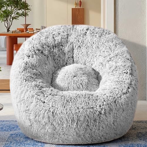 Plush Faux Fur Memory Foam Bean Bag Chair - Grey Soft Sofa for Lounge