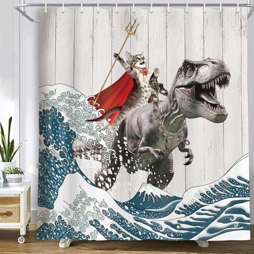 Funny Cat Riding Dinosaur Shower Curtain Waterproof Polyester 72x72 Inch