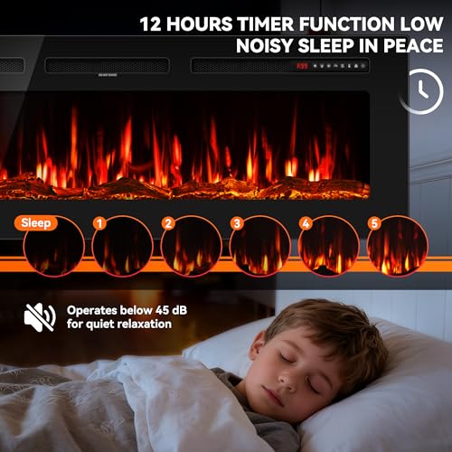 50-Inch Electric Fireplace Wall Mounted Recessed Heater with Multi-Color Flames