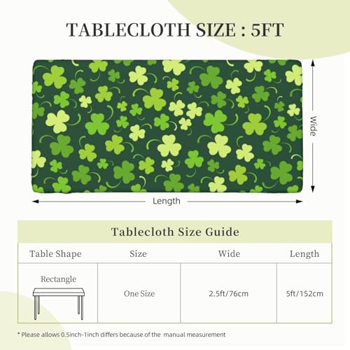 Fiokroo St. Patrick's Day Rectangular Tablecloth 60 x 30 Inches with Elastic Edge, Lucky Clover Design, Washable Holiday Party Decor