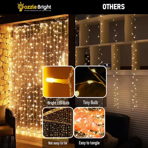 Dazzle Bright 300 LED Warm White Curtain String Lights for Bedroom and Patio Decor