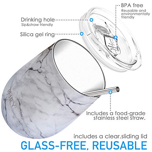 THILY 12oz Stainless Steel Stemless Wine Tumblers 4 Pack White Marble — Vacuum Insulated, Sliding Lids & Straws