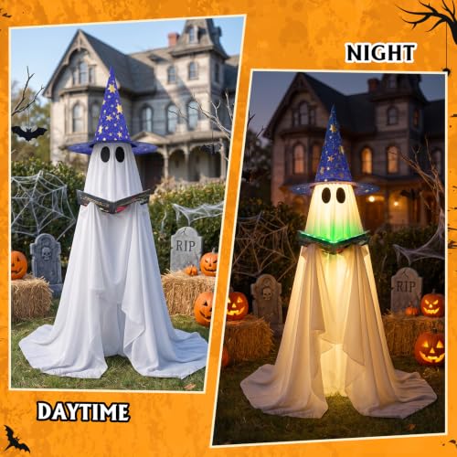 53-Inch Standing Halloween Ghost Decoration with Witch Hat & Glowing Book