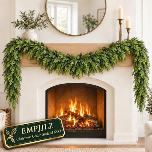 EMPJJLZ 9FT Artificial Cedar Garland Green Faux Holiday Decor for Indoor Outdoor Fireplace Mantel