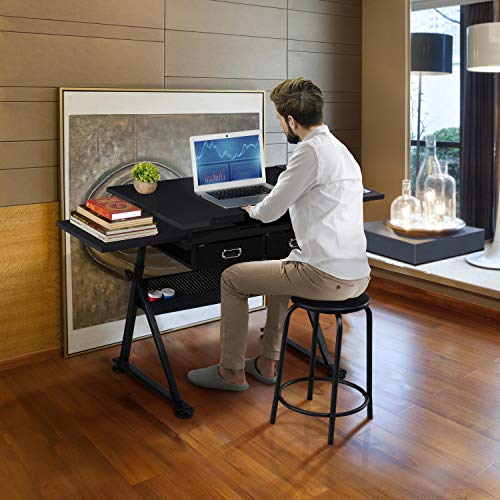Adjustable Drafting Table and Stool Set with Tilt-Top and Storage Drawers