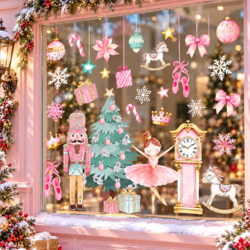 Whaline Pink Nutcracker Window Clings Gift Set – 6 Sheets Christmas Decor for Windows