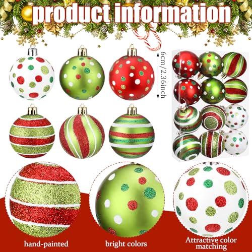 Shatterproof Christmas Tree Ornaments - 12 Pcs 2.4" Red & Green Glitter