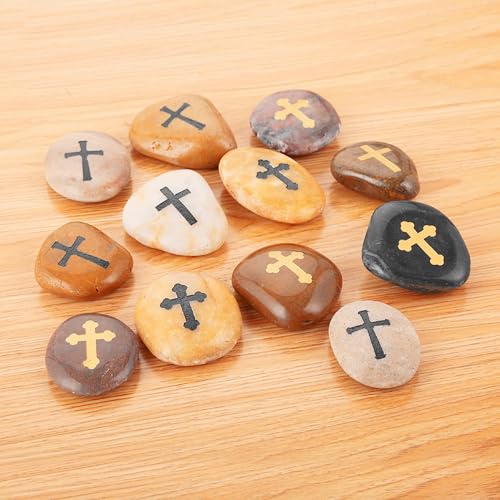 12-Piece Engraved Comfort Cross Worry Stones - Natural Polished River Rock