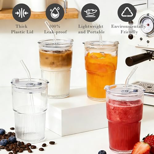 16oz Ribbed Glass Tumbler Set with Leak-Proof Lids and Straws