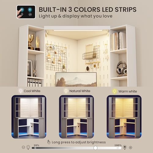 Corner Computer Desk with Hutch, LED Lights, and Built-in Charging Station