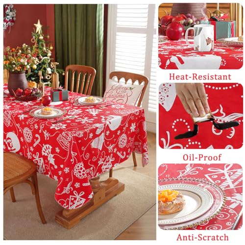 Christmas Vinyl Tablecloth 52x70 Rectangle - Waterproof, Flannel Back Red