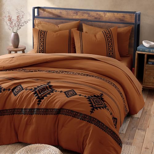 7-Piece Embroidered Queen Comforter Set - Burnt Orange Bed in a Bag