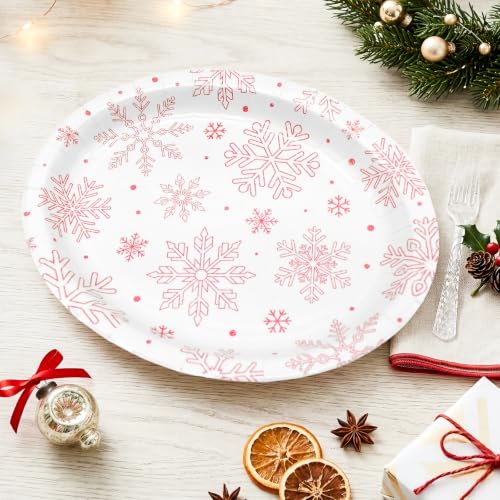 Temicle Rustic 50 Pcs Christmas Oval Paper Plates 9 x 11in Pink Snowflake – Disposable Holiday Dinner Plates