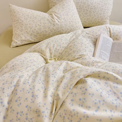 Blue Floral Twin XL Duvet Cover Set, Soft Cotton Double Gauze Bedding