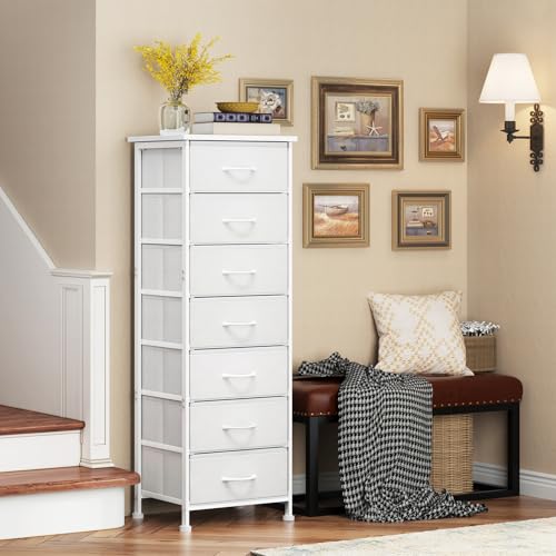 Fixwal Tall Narrow White Fabric Dresser with 7 Drawers - 11.8"D x 15.7"W x 47.2"H Storage Organizer