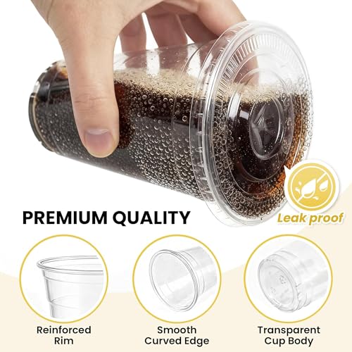 16 oz Clear Disposable Plastic Cups with Lids and Straws - 100 Pack