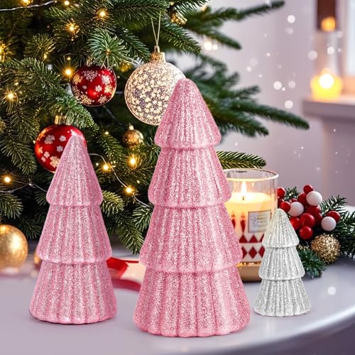 6-Piece Pink & Silver Christmas Tree Set – Tabletop Table Decor, 3 Sizes