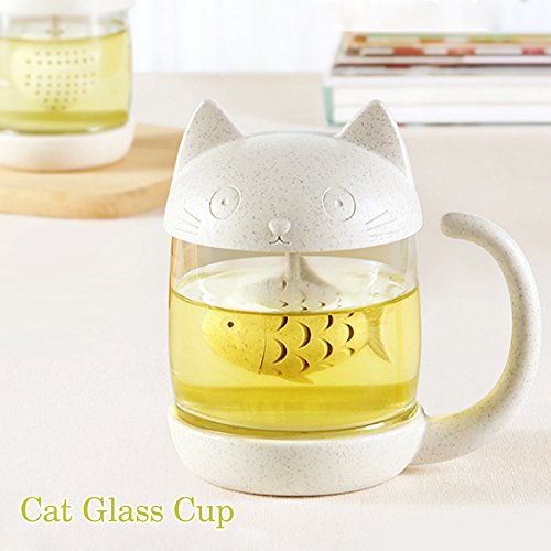 BigNoseDeer White Cat Tea Cup with Fish Infuser 8oz - Cute Mug for Loose Leaf Tea