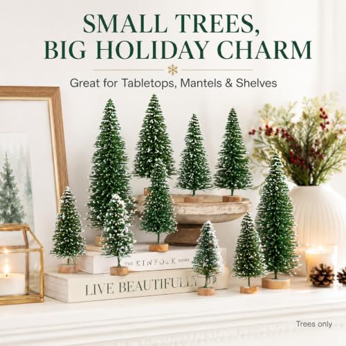 YIGETREE 10 Pack Snowy Mini Christmas Trees – 5 Heights for Village & Tabletop Decor (2 of each size)