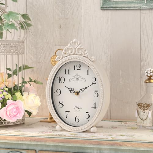 Vintage French Rustic Table Clock, Silent Quartz Mantel Desk Clock
