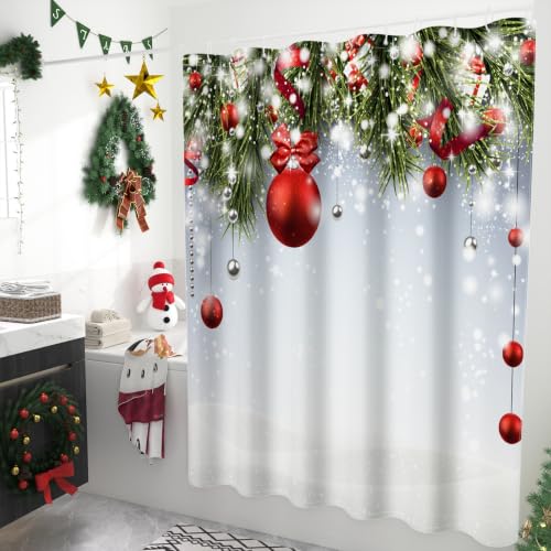 Christmas Shower Curtain 72x72 Inch Red & Silver Xmas Balls, 6 Pack…