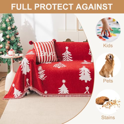 Smiry Chenille Couch Cover for 3-Cushion Sofa, Dog Hair Protection, Red Christmas Tree 88.5x118 Inch