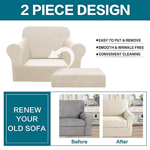 Stretch Fit Chair Slipcover with Ottoman Cover - Biscotti Beige