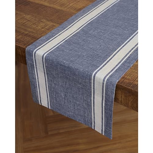 Solino Home Blue Linen Table Runner 14x120 Inches, Country Stripe, Handmade