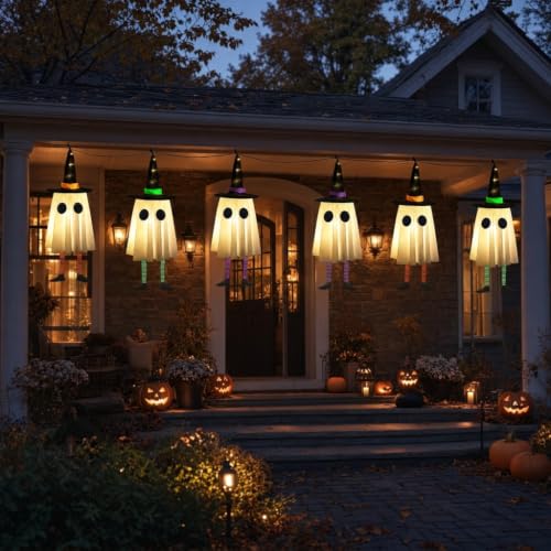 Light-Up Hanging Halloween Ghost Decor with Witch Hats - Set of 3