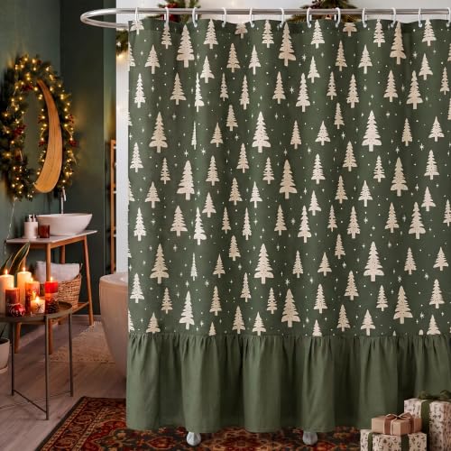 Irenare Christmas Tree Shower Curtain with Ruffle, Green (72x72) Holiday Bath Decor